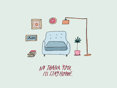 Introvert Life books couch drawing hand type home illustration introvert living room picture frames plant print stay home