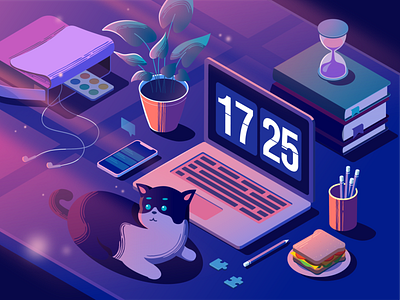 Evening vibe cat character desktop food home illustration illustrator laptop mackbook pet ui