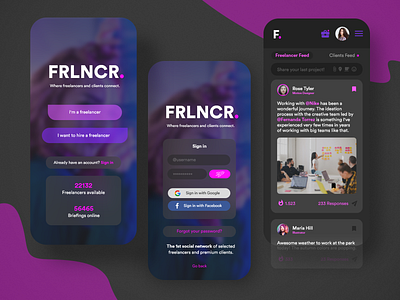 FRLNCR. Social Network App adobexd feed freelancer mobile mobile app posts profile purple sign in sign up social network ui ux