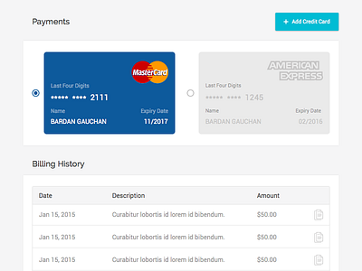 Credit Cards And Billing History app billing credit card history local payments ui ux web