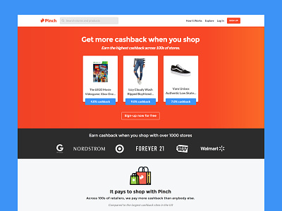 Pinch Landing Page app cashback clean earn illustration landing products shopping ui ux web