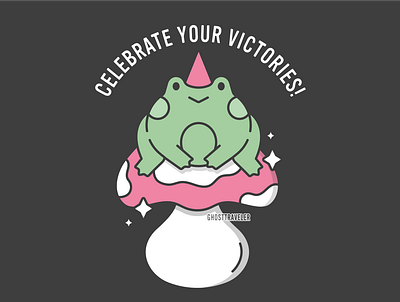 Celebrate Your Victories! character design cottage core cute art frog froggy art ghosttraveler graphic design illustration line art mushroom vector witchy