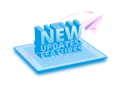 New Updates & Features blue branding features illustration lettering mail pink tablet typography updates vector