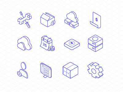 Isocmetric icons ver. 2 blue branding calendar clouds cluster datacenter demo grid icon icon set invoice isometric package payment server settings training trainings trial user