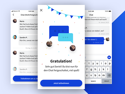 Ready to chat app blue bubble button chat colorful confetti overlay profilimage ui ux