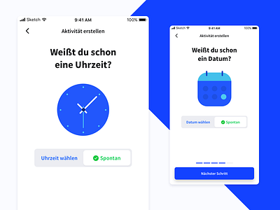 Create your own activity Step 3/4 activity app blue button calendar category clock create select steps ui ux