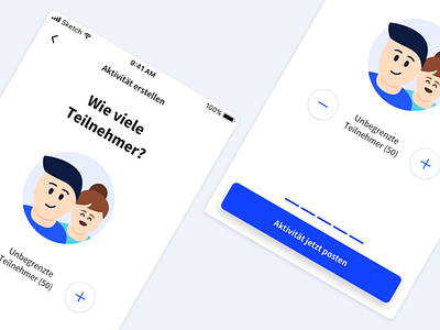 Create your own activity - Last step activity app blue button category create face illustration people steps ui ux