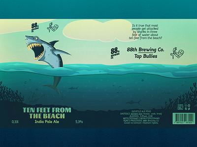 88th Brewing x Tap Bullies - Ten Feet From the Beach IPA beer beer label illustration jaws sea shark sky vector