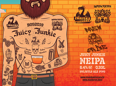 Zmajska / Maskeron Juicy Junkie beer label beer beer label bricks illustration ipa junkie neipa tatoo vector wall