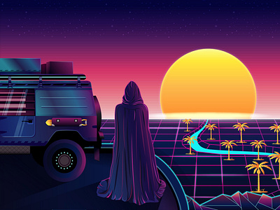 Synth 80s cape dark synth illustration jeep sunset synth synthwave vector vehicle