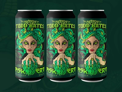 Maskeron The Mystery of Todd Bates can mockup beer beer art beer label beercan can craftbeer drink eyes green hop hops illustration ipa label mascara medusa mockup product snake snakes