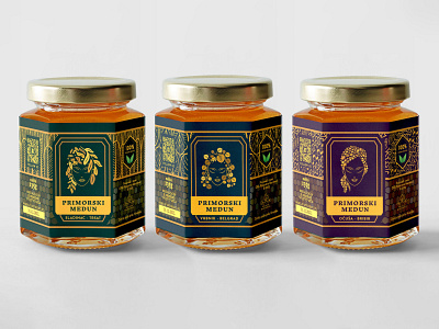 OPG Pčelarstvo Marinović hexagonal honey jars bee branding food packaging glass graphic design hexagonal honey jar label mockup natural product vector