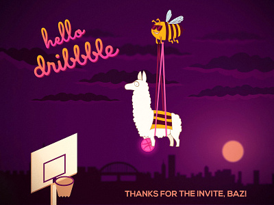 Hello dribbble! bee clouds debut debutshot hellodribbble hoop illustration llama manchester sky sunset synthwave vector