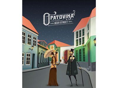 Opatovina Beer Street beer design gent gentleman houses illustration lady night sky street vector