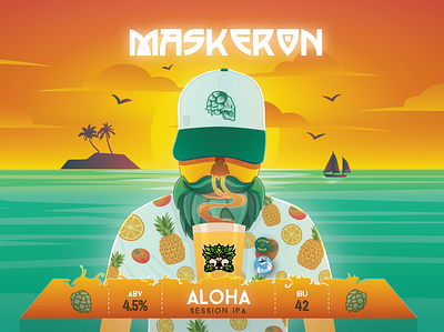 Maskeron Aloha artwork aloha beach beer beer label branding hops illustration island sea sky summer sunset vector