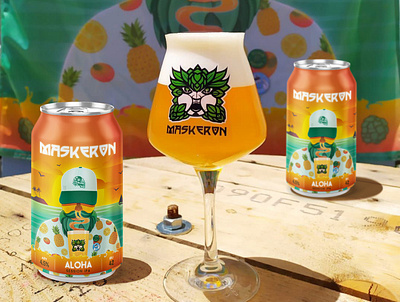 Maskeron Aloha can mockup aloha beach beer beer art beer can beer can design beer label can hawaii hops illustration mockup pineapple shirt sun sunset vector