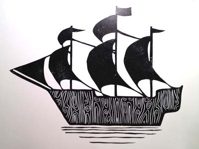 Linocut Ship handcarved illustration linocut sails ship woodgrain
