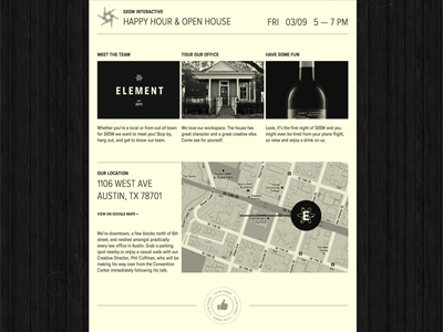Element Happy Hour & Open House announcement invite monochromatic proxima nova condensed webpage