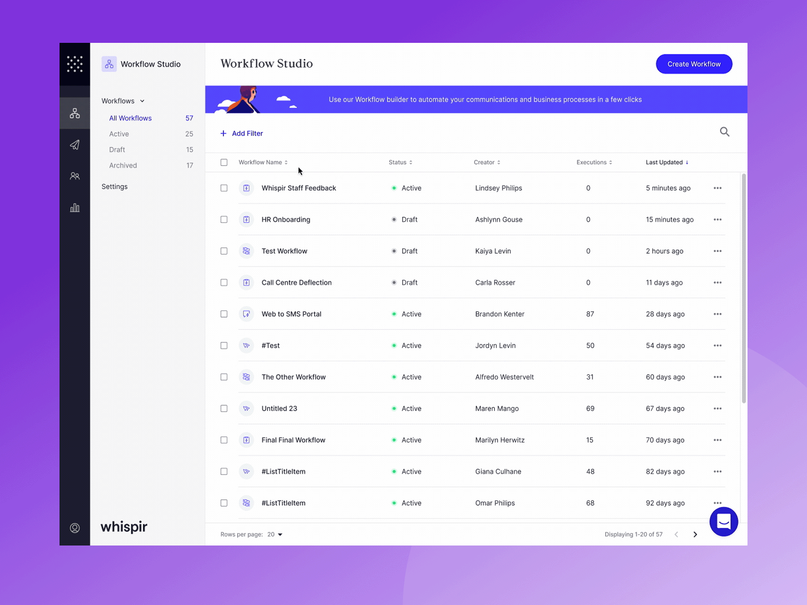 Whispir Workflows datatable datatable filters messages