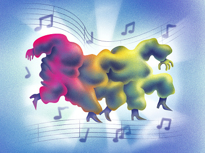 MELDED DANCERS cartoon clouds color colours dance design drawing editorial art heaven illustration magic music print rainbow sky surreal