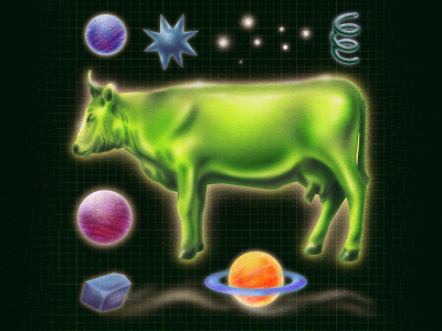 Cosmic Cow airbrush cartoon cow design drawing editorial editorial art green illustration planets print space surreal vintage