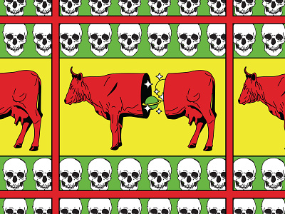 Holy Cow!!! cosmic cow design drawing editorial editorial art graphic green illustration pattern pattern design print red skull yellow