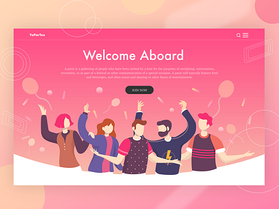 Welcome Party Landing Page Illustration colorful design flat flat design flat character friend gathering hero hero banner hero design homepage illustration landing page party people social vector warm web welcome