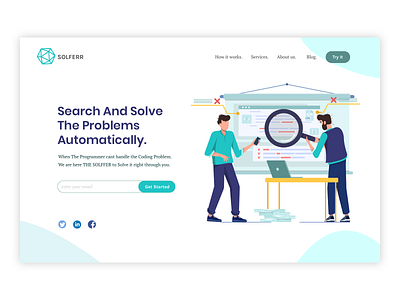 Solving Coding Problem Illustration blue coding communication communication design company customer service design flat flat design flat character front end green hero hero banner illustration program programmer technology vector web