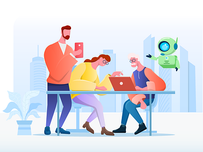 Working Together Illustration ai artificial intelligence building communication company design flat flat design flat character hero hero banner illustration office robot social team team work technology vector web