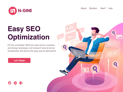 N-Gine - Search Engine Optimization in Easy way Illustration communication design easy flat flat design flat character google hero illustration internet landing page office optimization relax search search engine social vector web