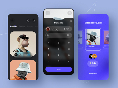 NFT Marketplace Mobile App appdesign appui crypto cryptoart glassmorphism mobile mobileapp mobileappui nftmarketplace trending app designs