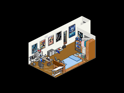 Isometric pixel art of my room in high school