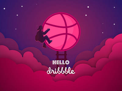 Hello, Dribbble! ball character clouds debut dribbble first shot hello dribbble illustration invites light pink sky sunset