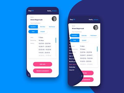 Mobile Application DayOff application blue design materialdesign mobile mobile app pink profile shot uiux ux website