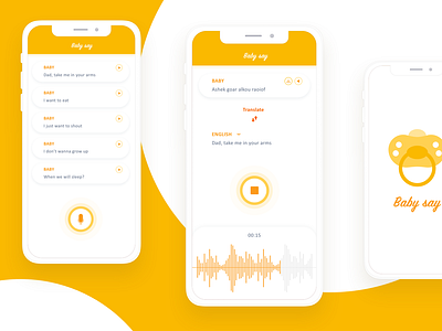 Baby translator app app design application baby design fun illustraion list microphone minimal orange parent record translator ui ux voice yellow