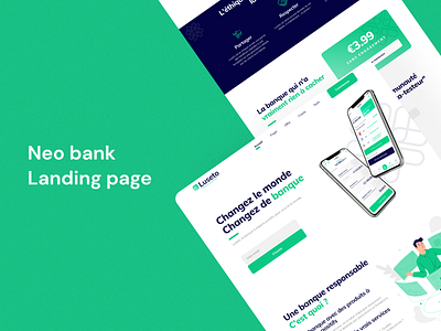 Neo bank Landing page branding design green illustration typography ui ux web