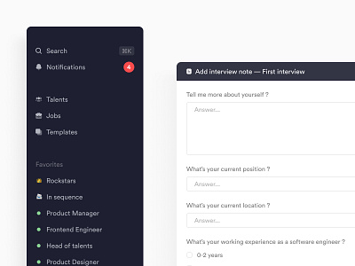 Crew.work — Sidebar and Interview notes app design ats crm dark desktop form interview minimalist nav bar notes product product design sidebar ui ux