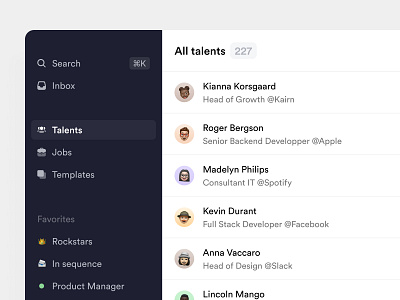 Crew.work — Sidebar talent list ats candidates crew crm minimalist product design productivity recruiting recruter sidebar talent management talents