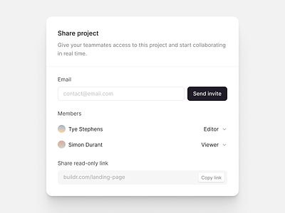 Share project popover copy copy link email invite link members minimalist popover product design saas share share link software ui ux