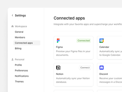 Settings — Integrations apps clean connected connected apps integrated integration integration settings integrations minimalist modal preferences product design saas settings settings page sidebar ui ux