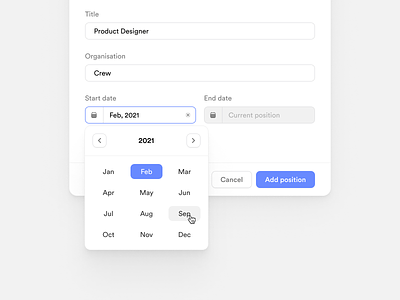 Crew.work — Add position ats clean crew crm date date picker experience minimalist modal month popover position product design saas ui ux