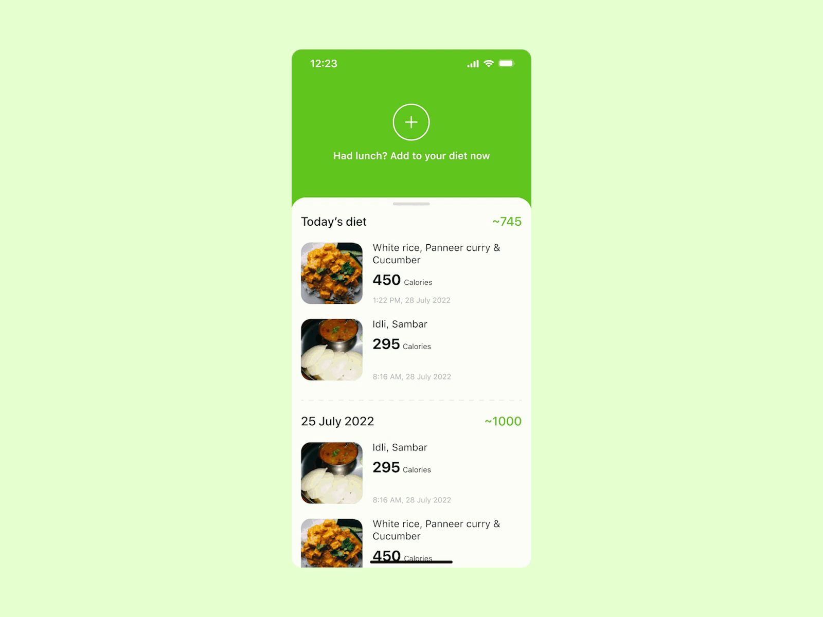 Calorie tracker powered by AI ai artificial intelligence calorie camera daily design diet flat flow food fresh graphic design green journal minimal motion graphics scan tracker ui ux