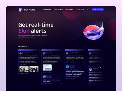 Real-time Elon alerts alert cyber dark design elon musk flat glow landing minimal page pink product purple tweet twitter ui ux vector vibrant website
