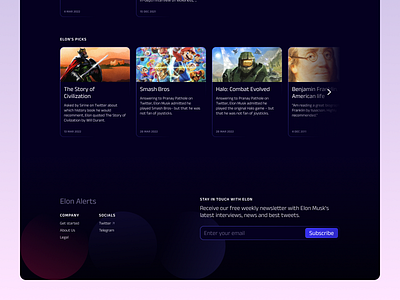 Elon alerts footer alert cyber dark design elon musk flat footer form landing page minimal newsletter pink product purple tweet twitter ui ux vibrant website