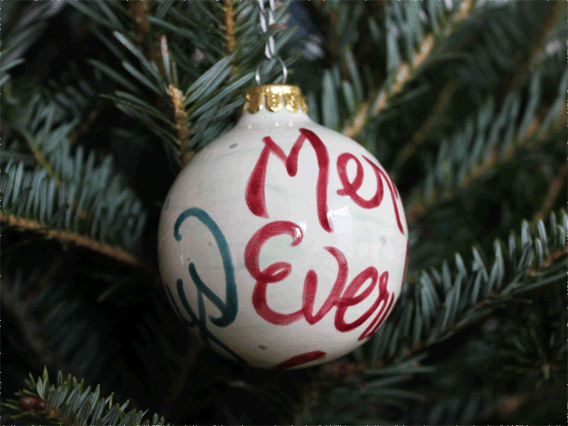 merry everything, happy always brush brush lettering ceramic handlettering happy holiday lettering merry ornament paint