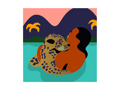 Woman With Leopard embrace hug illustration leopard love tropical water woman