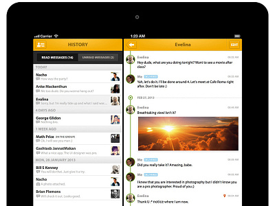 Messaging for iPad - History chat history list messaging sliding menu timeline