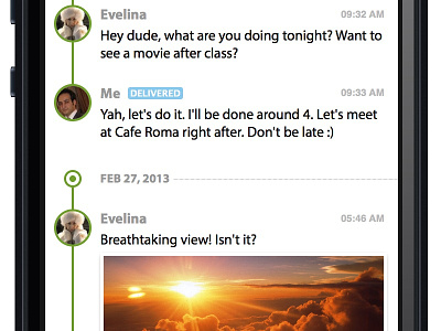 Conversation view of a secret project avatar chat flat minimal timeline timestamp