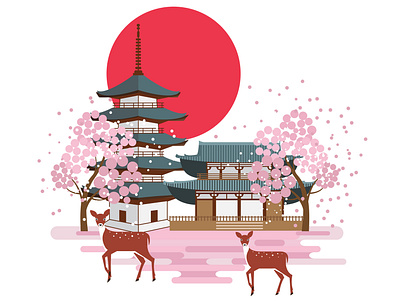 04 Nara Park. Japan travel set asia cherry blossom deers explore flat design illistration japan nara outdoors spring tourism travel vector art