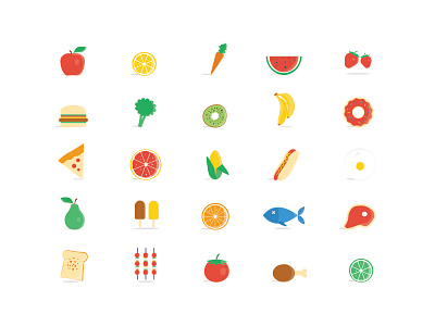 25 Almost Flat Food Icons blue clean colorful cook donut flat food green icons illustration lemon meat minimal modern red yellow